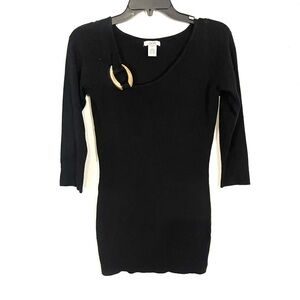 CACHE Sweater Top Gold Ring Detail 3/4 Sleeve Black Viscose Stretch Size XS